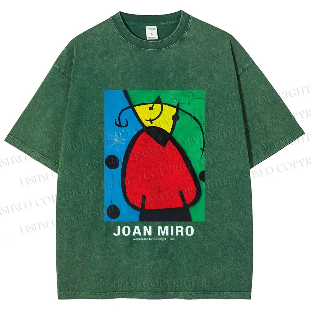 Unisex Joan Miró Woman And Birds At Night Printed Washed Tee