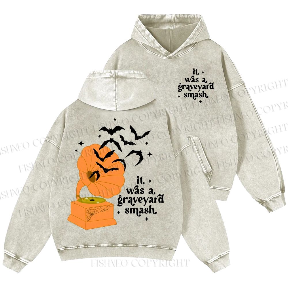 Unisex Halloween Graveyard Smash Phonograph Casual Printed Double-sided Washed Hoodie