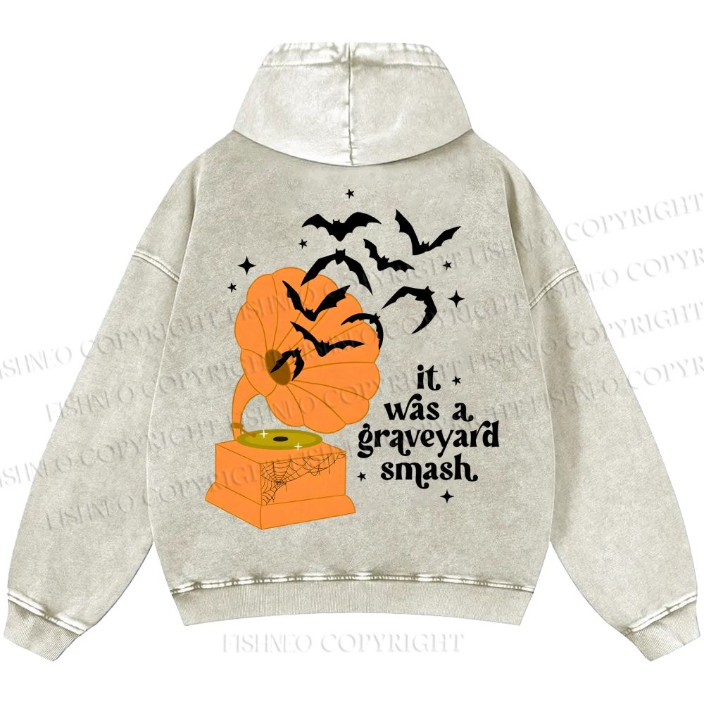 Unisex Halloween Graveyard Smash Phonograph Casual Printed Double-sided Washed Hoodie