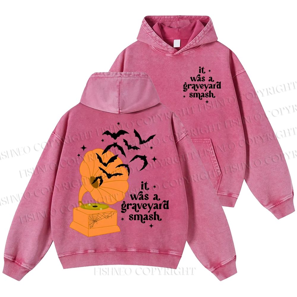 Unisex Halloween Graveyard Smash Phonograph Casual Printed Double-sided Washed Hoodie