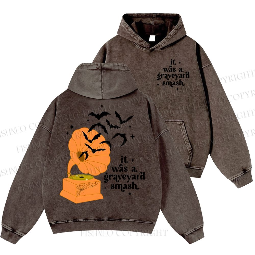 Unisex Halloween Graveyard Smash Phonograph Casual Printed Double-sided Washed Hoodie