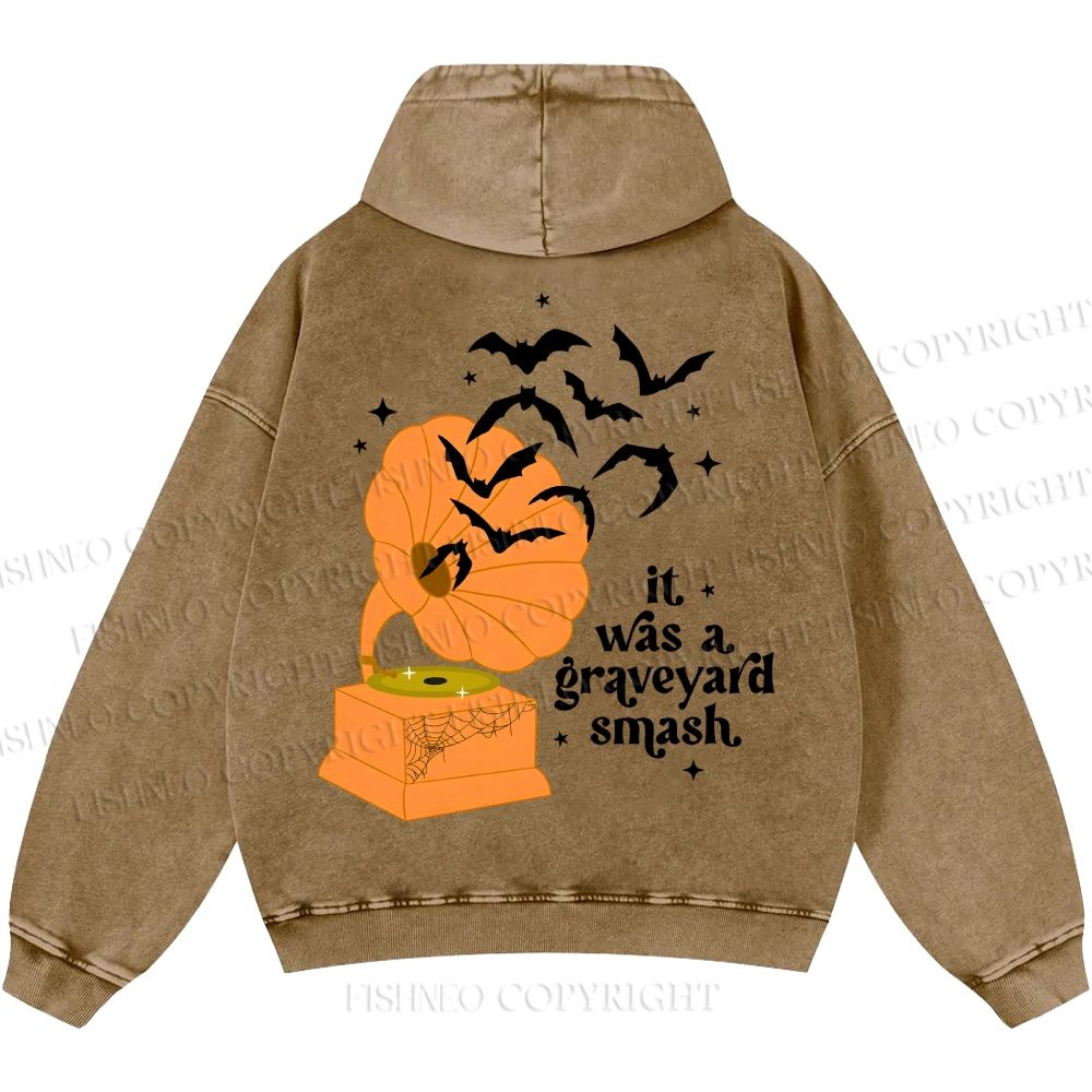 Unisex Halloween Graveyard Smash Phonograph Casual Printed Double-sided Washed Hoodie