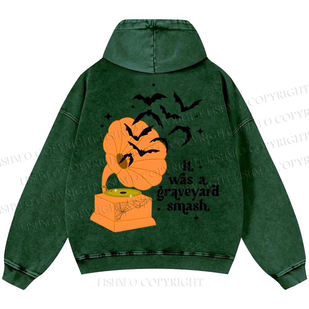 Unisex Halloween Graveyard Smash Phonograph Casual Printed Double-sided Washed Hoodie