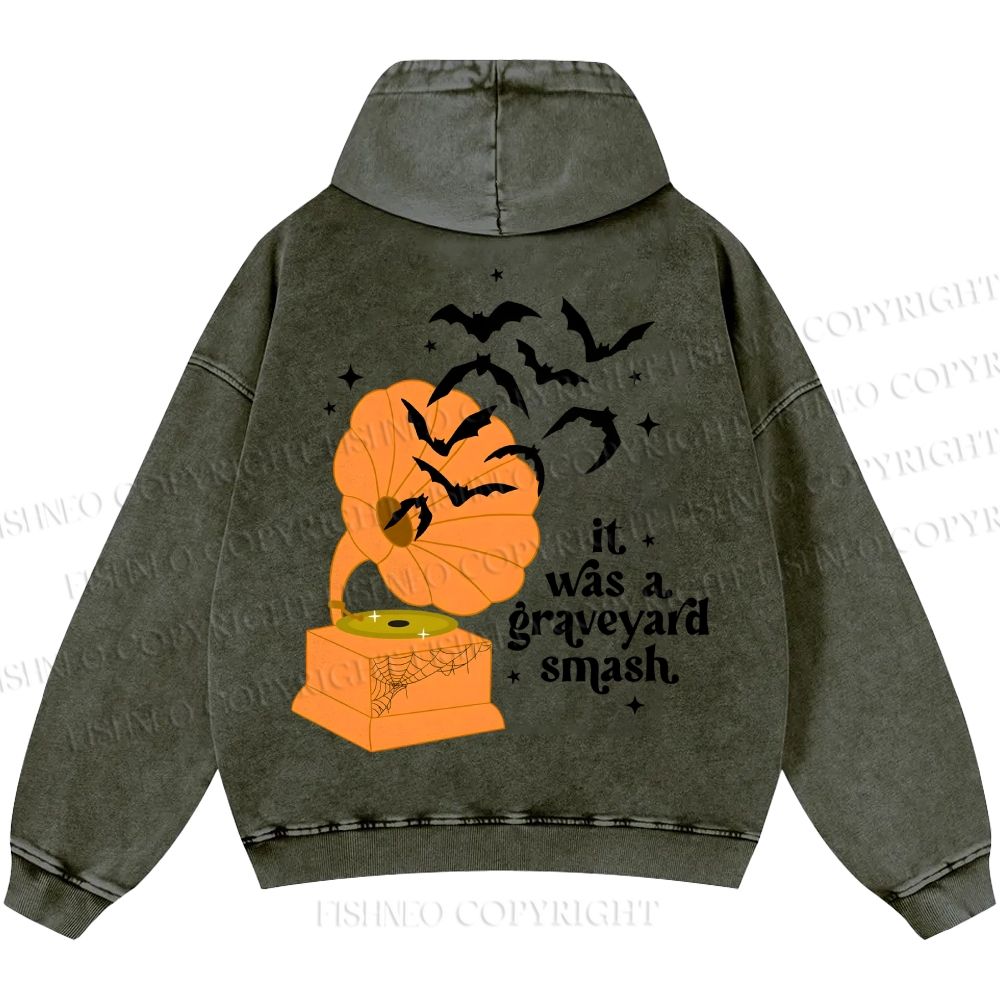 Unisex Halloween Graveyard Smash Phonograph Casual Printed Double-sided Washed Hoodie