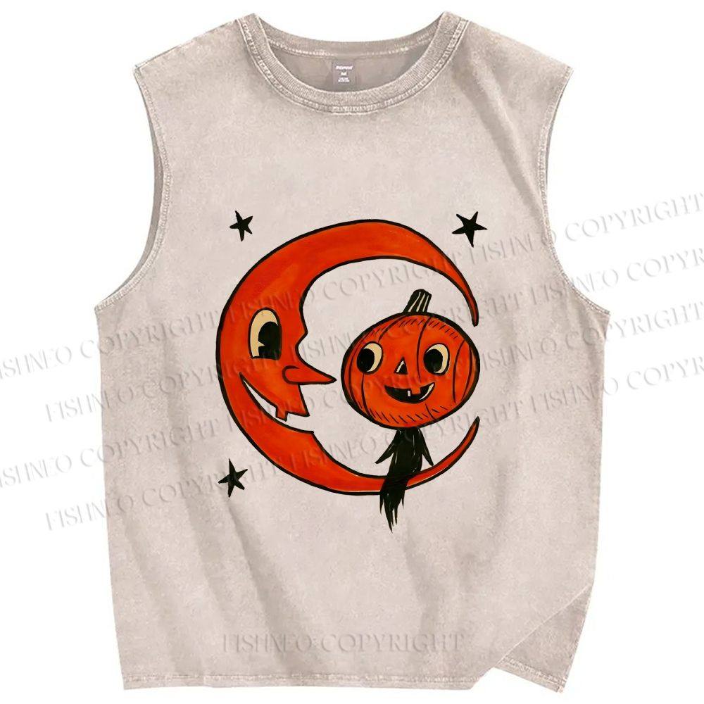Unisex Halloween Pumpkin Boy With Moon Printed Washed Tank Top