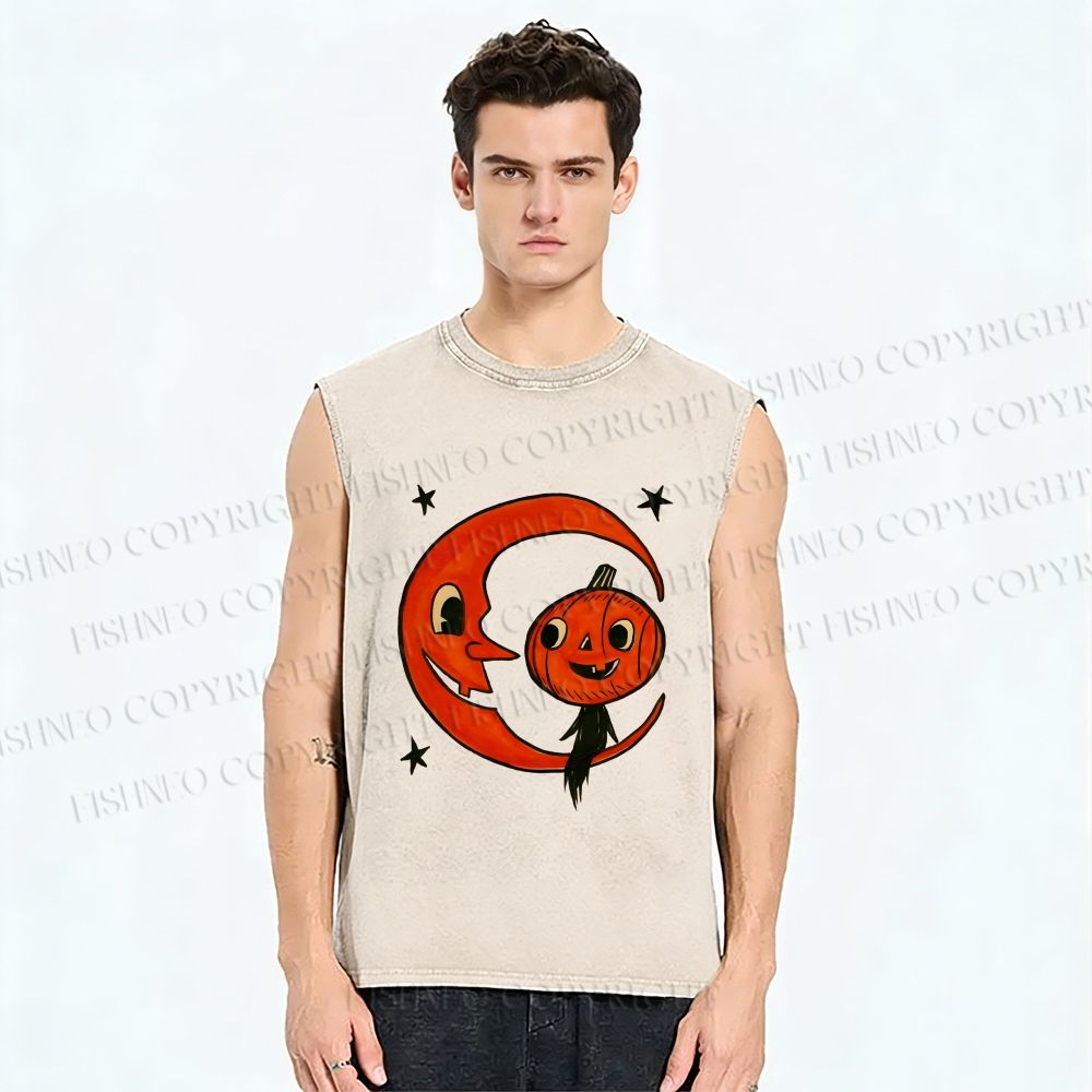 Unisex Halloween Pumpkin Boy With Moon Printed Washed Tank Top