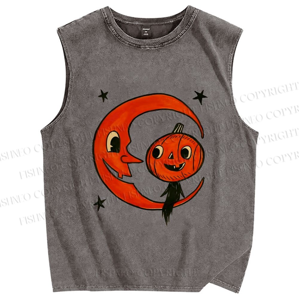 Unisex Halloween Pumpkin Boy With Moon Printed Washed Tank Top