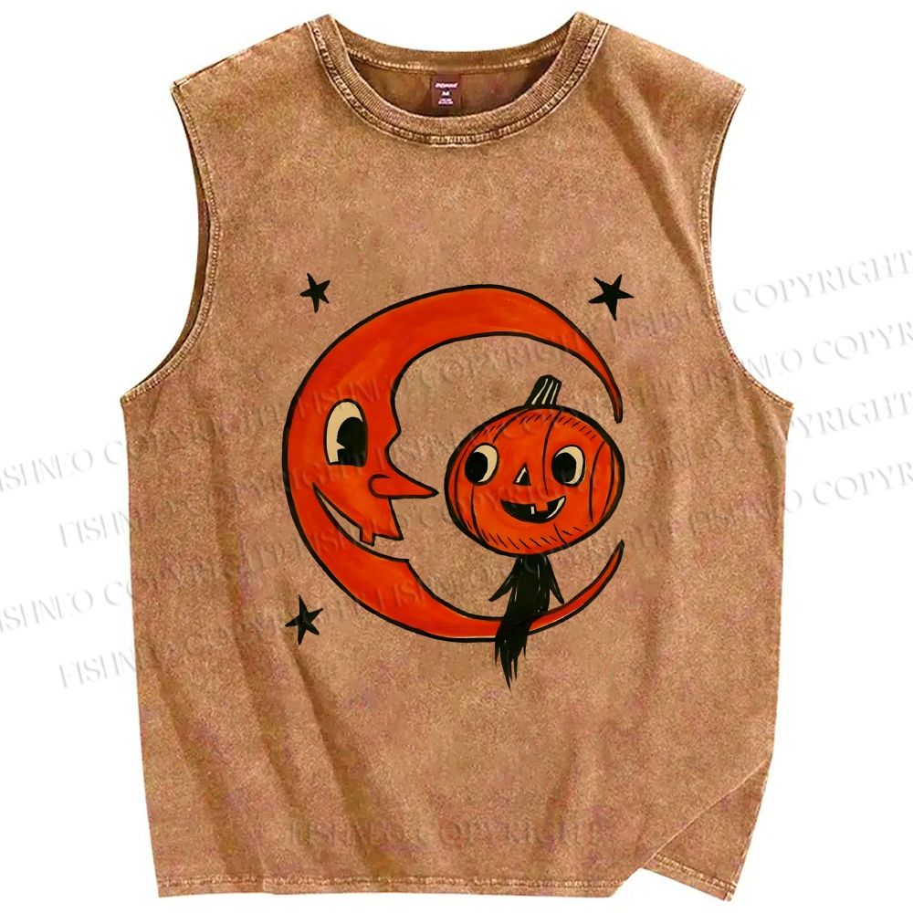 Unisex Halloween Pumpkin Boy With Moon Printed Washed Tank Top