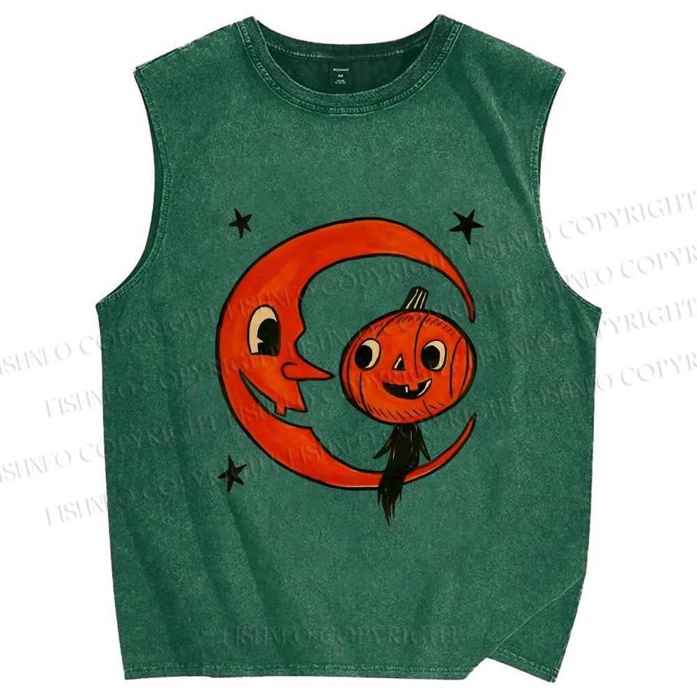 Unisex Halloween Pumpkin Boy With Moon Printed Washed Tank Top