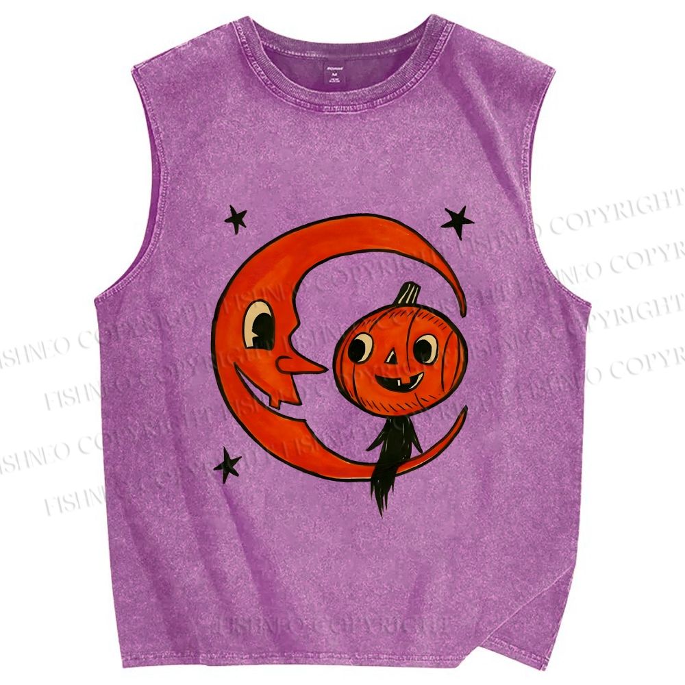 Unisex Halloween Pumpkin Boy With Moon Printed Washed Tank Top