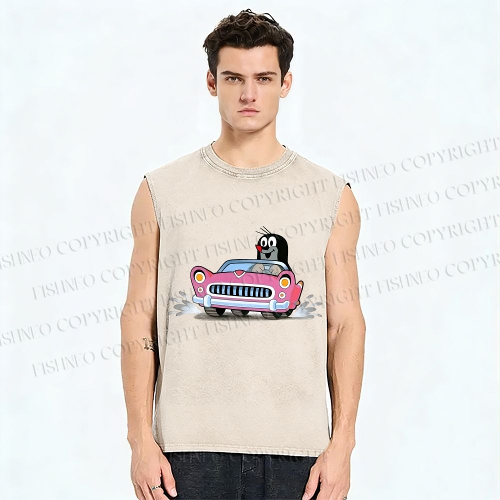 Unisex The Little Mole Driving Printed Washed Tank Top