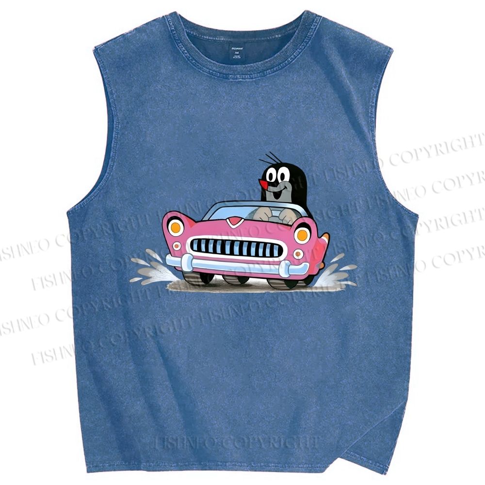 Unisex The Little Mole Driving Printed Washed Tank Top