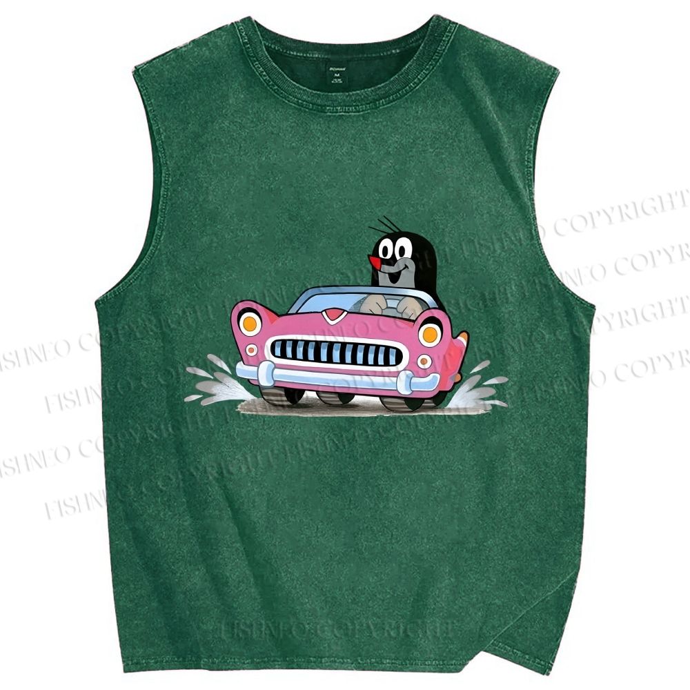 Unisex The Little Mole Driving Printed Washed Tank Top