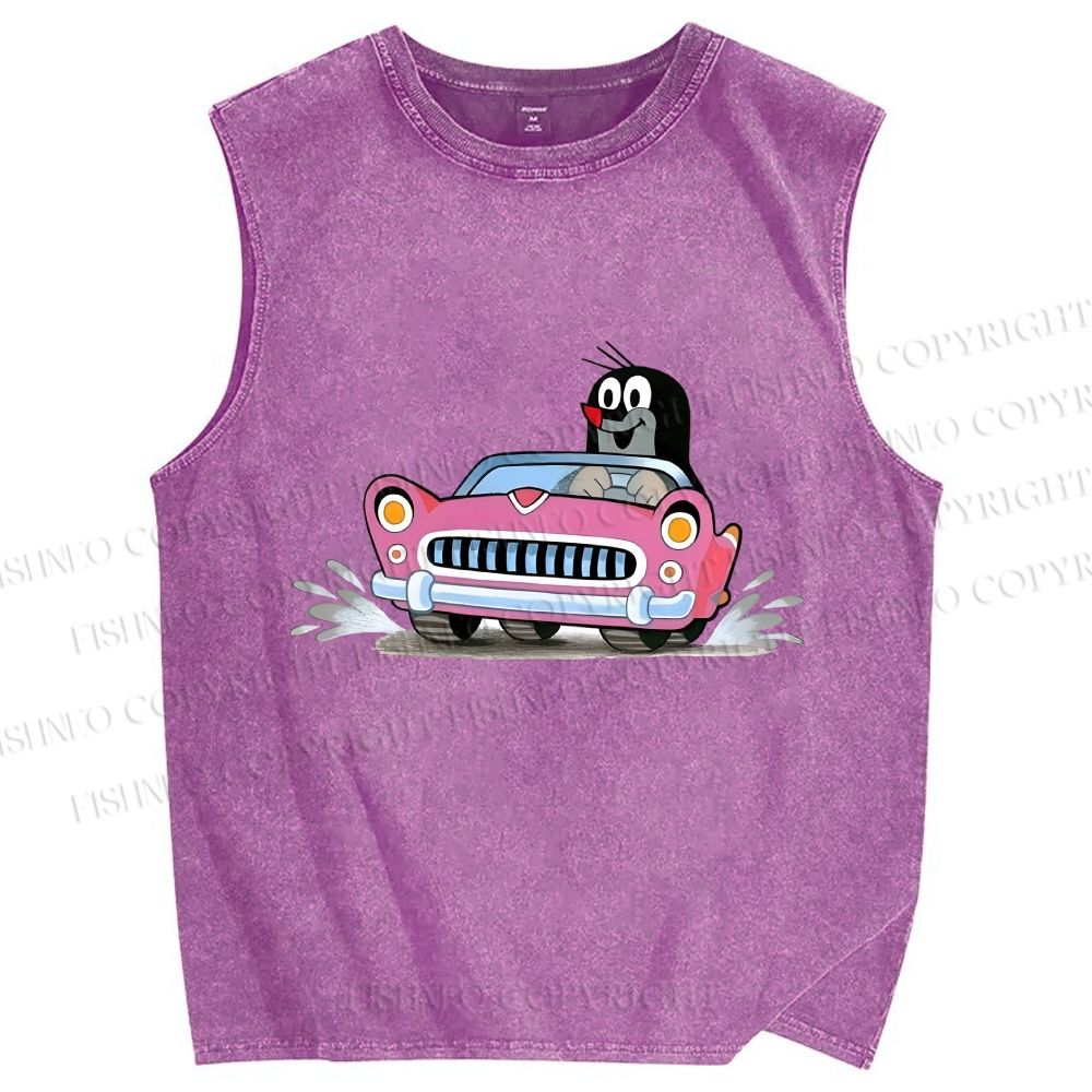 Unisex The Little Mole Driving Printed Washed Tank Top