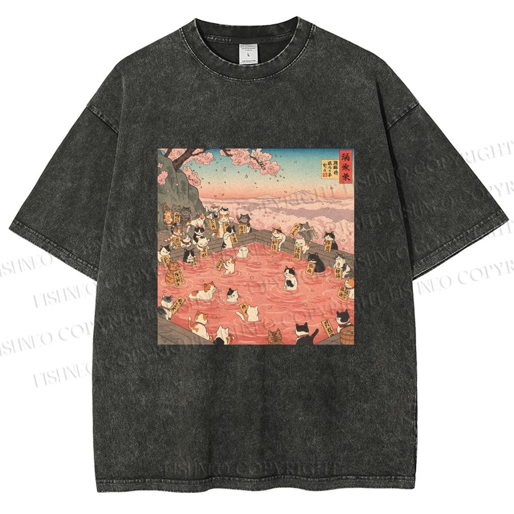 Unisex Ukiyo-e Eight Cats In Spring Printed Washed Tee