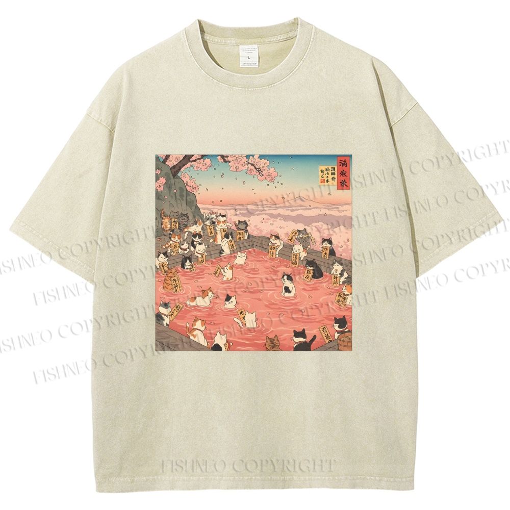 Unisex Ukiyo-e Eight Cats In Spring Printed Washed Tee