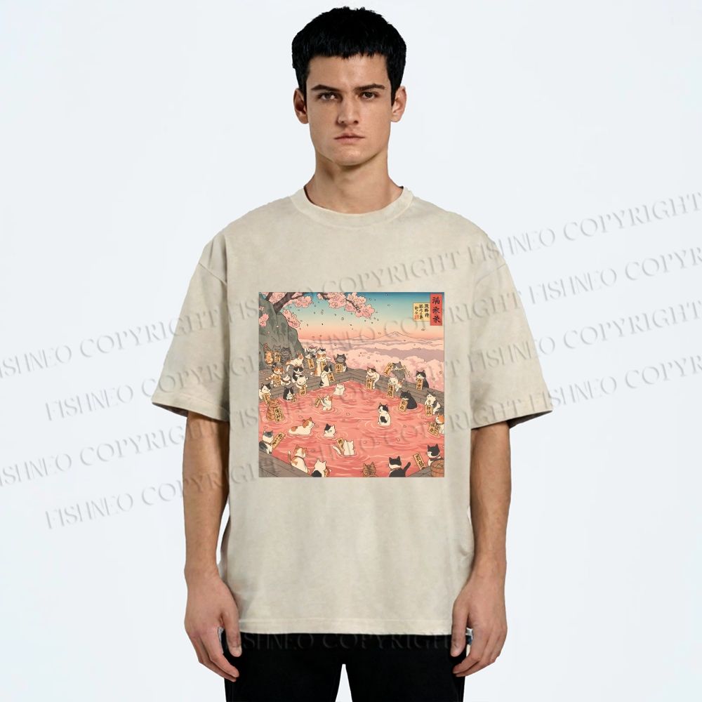 Unisex Ukiyo-e Eight Cats In Spring Printed Washed Tee