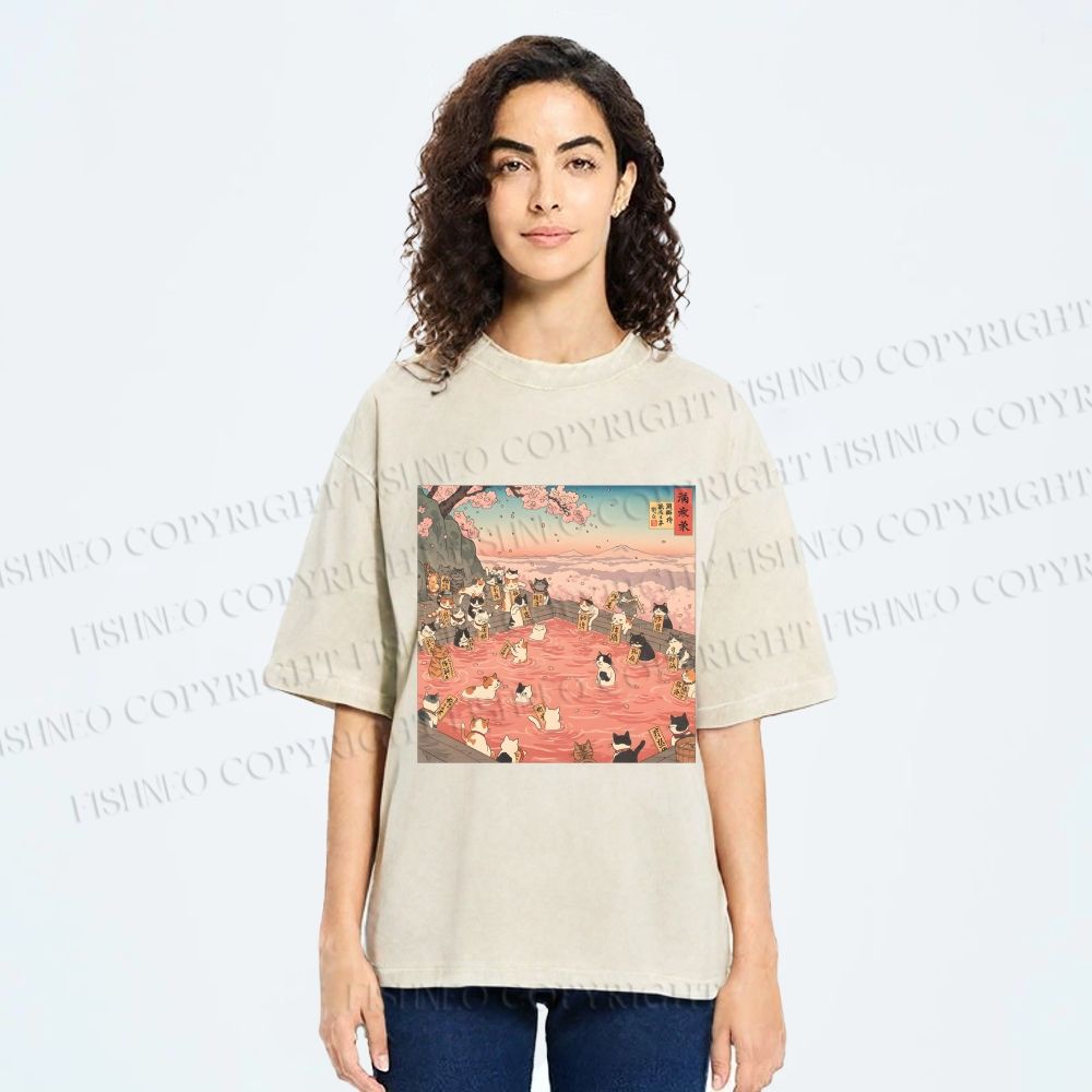 Unisex Ukiyo-e Eight Cats In Spring Printed Washed Tee