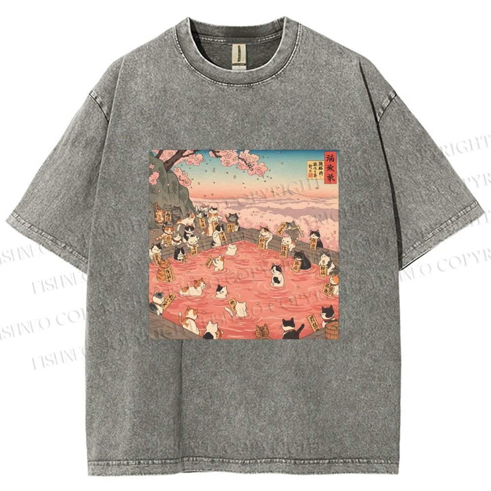 Unisex Ukiyo-e Eight Cats In Spring Printed Washed Tee