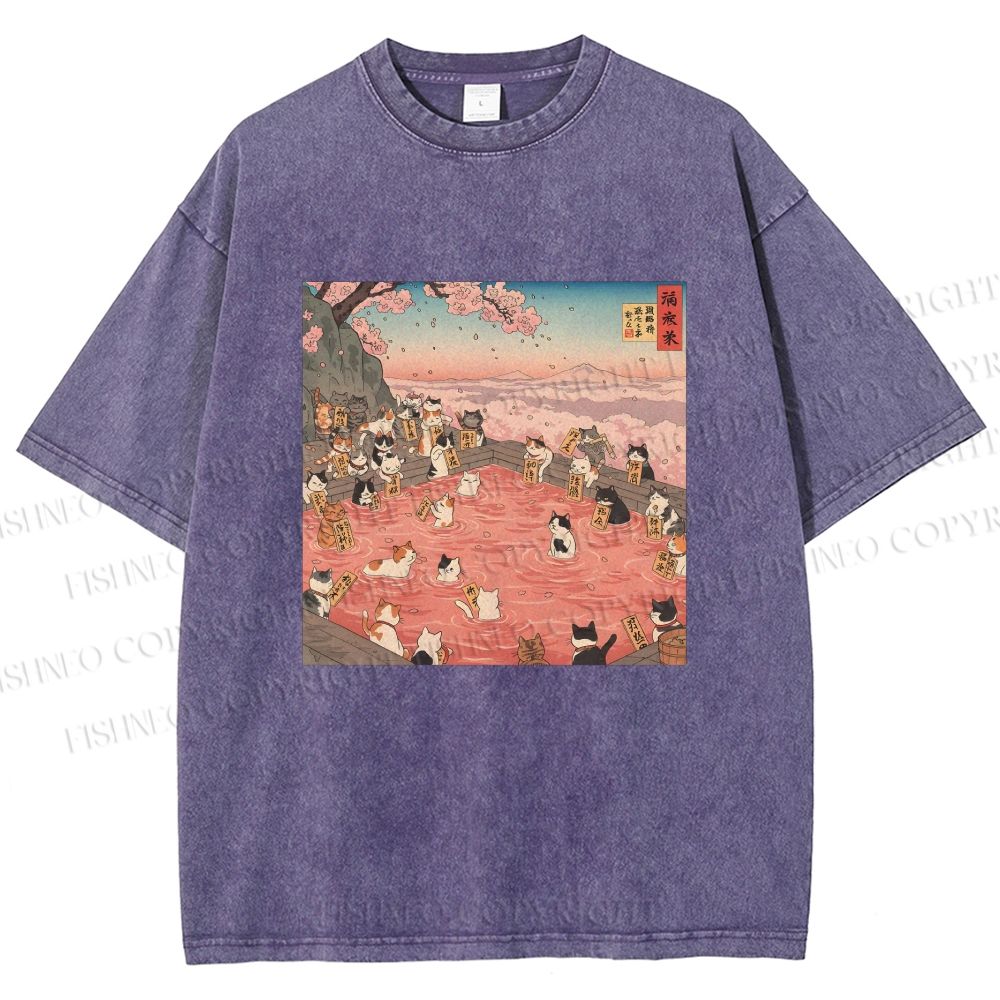 Unisex Ukiyo-e Eight Cats In Spring Printed Washed Tee