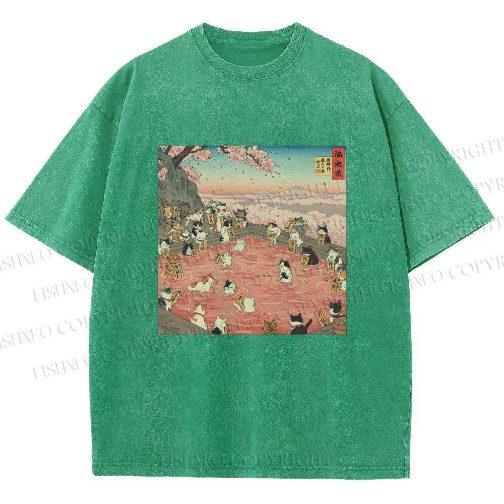 Unisex Ukiyo-e Eight Cats In Spring Printed Washed Tee