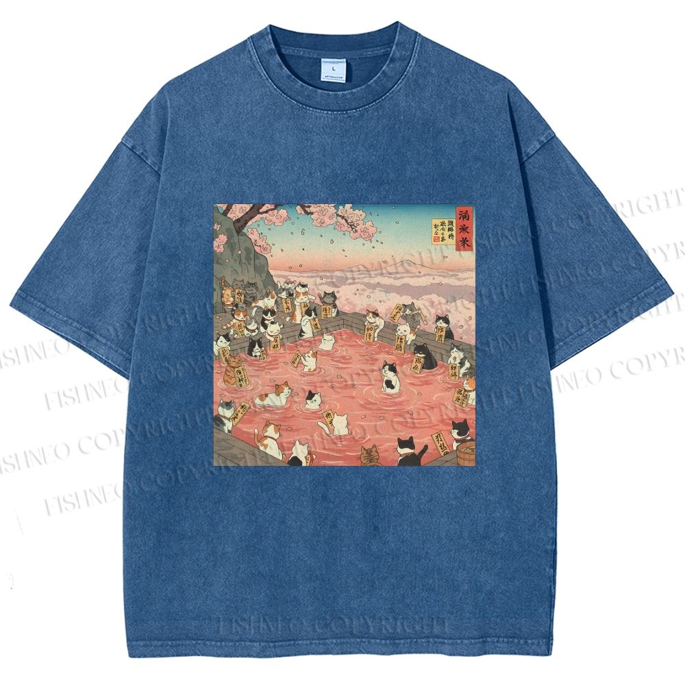 Unisex Ukiyo-e Eight Cats In Spring Printed Washed Tee