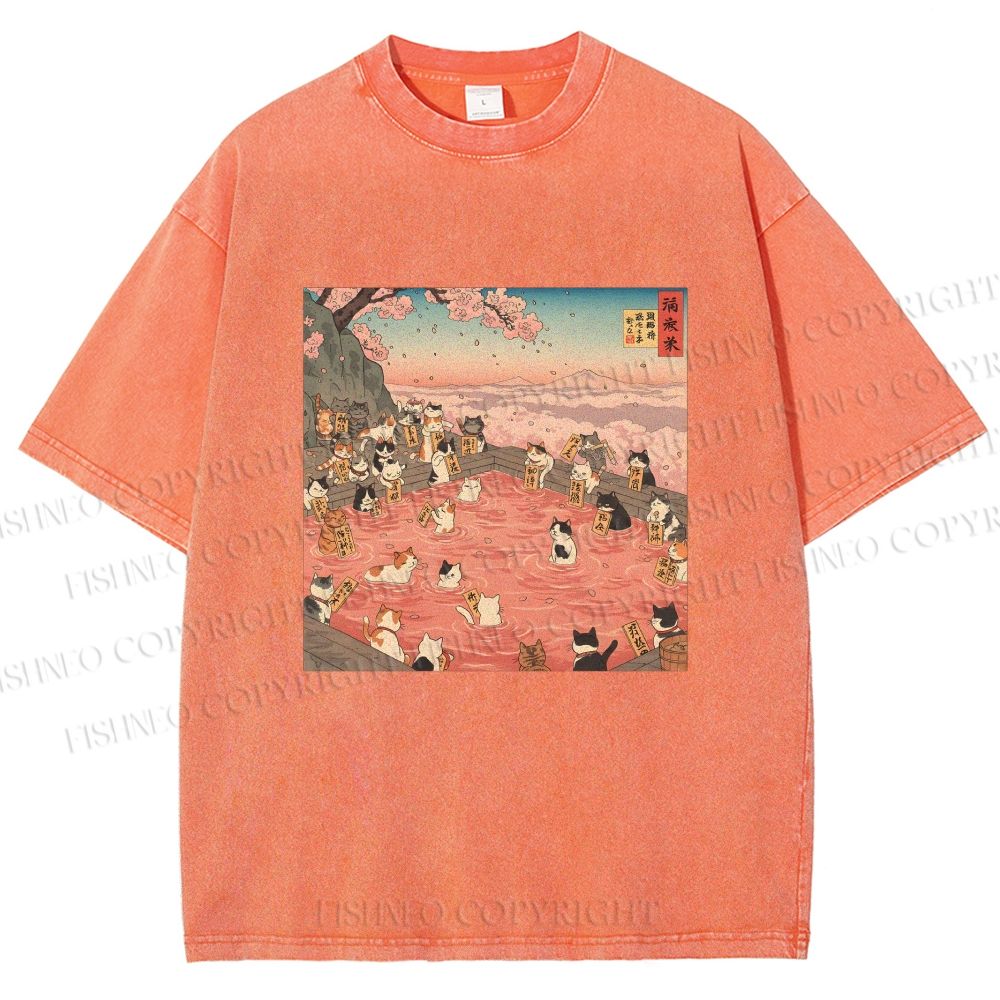 Unisex Ukiyo-e Eight Cats In Spring Printed Washed Tee