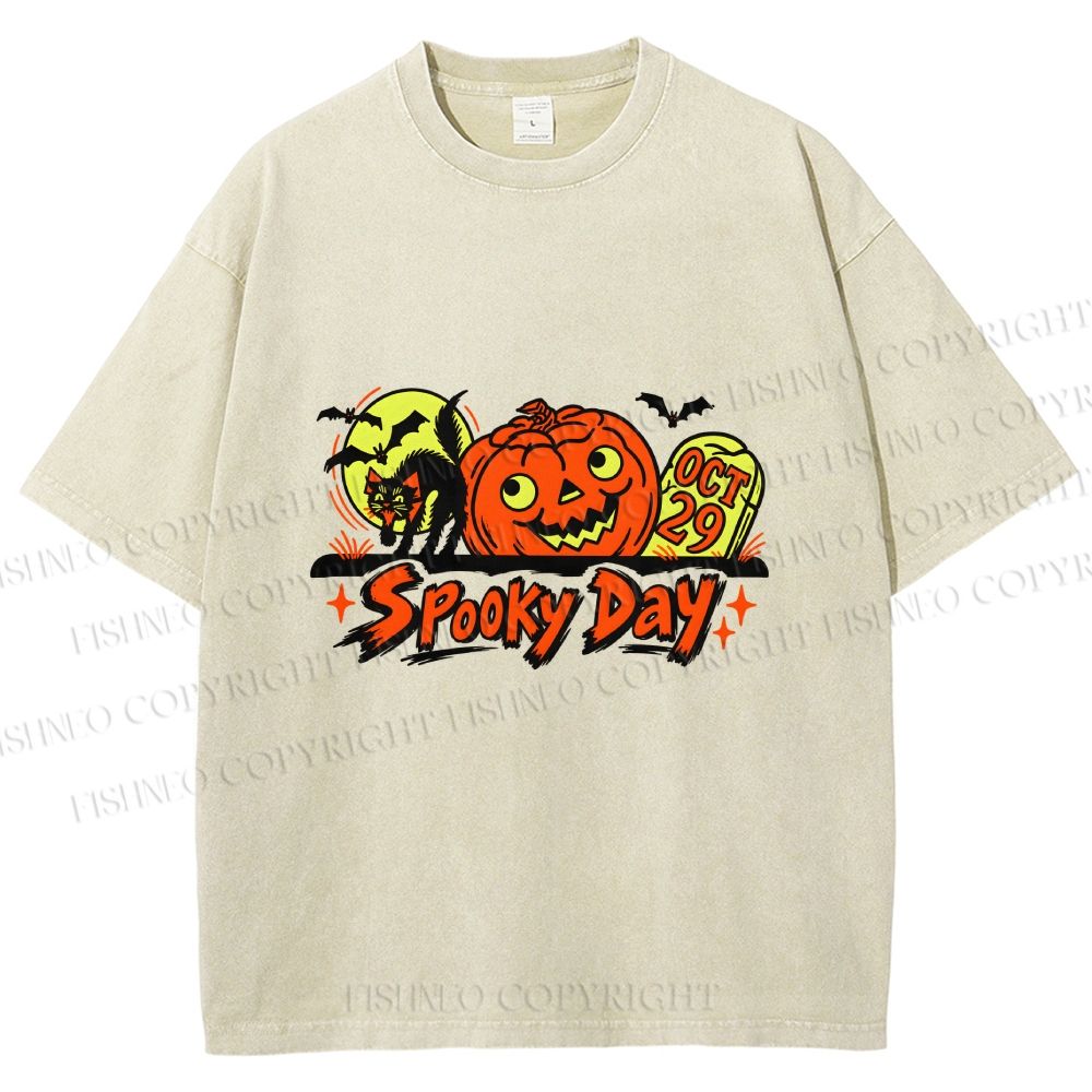 Unisex Black Cat With Pumpkin in a Spooky Day Halloween Printed Washed Tee