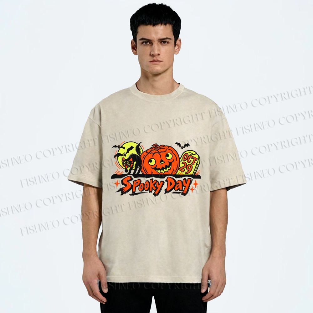Unisex Black Cat With Pumpkin in a Spooky Day Halloween Printed Washed Tee