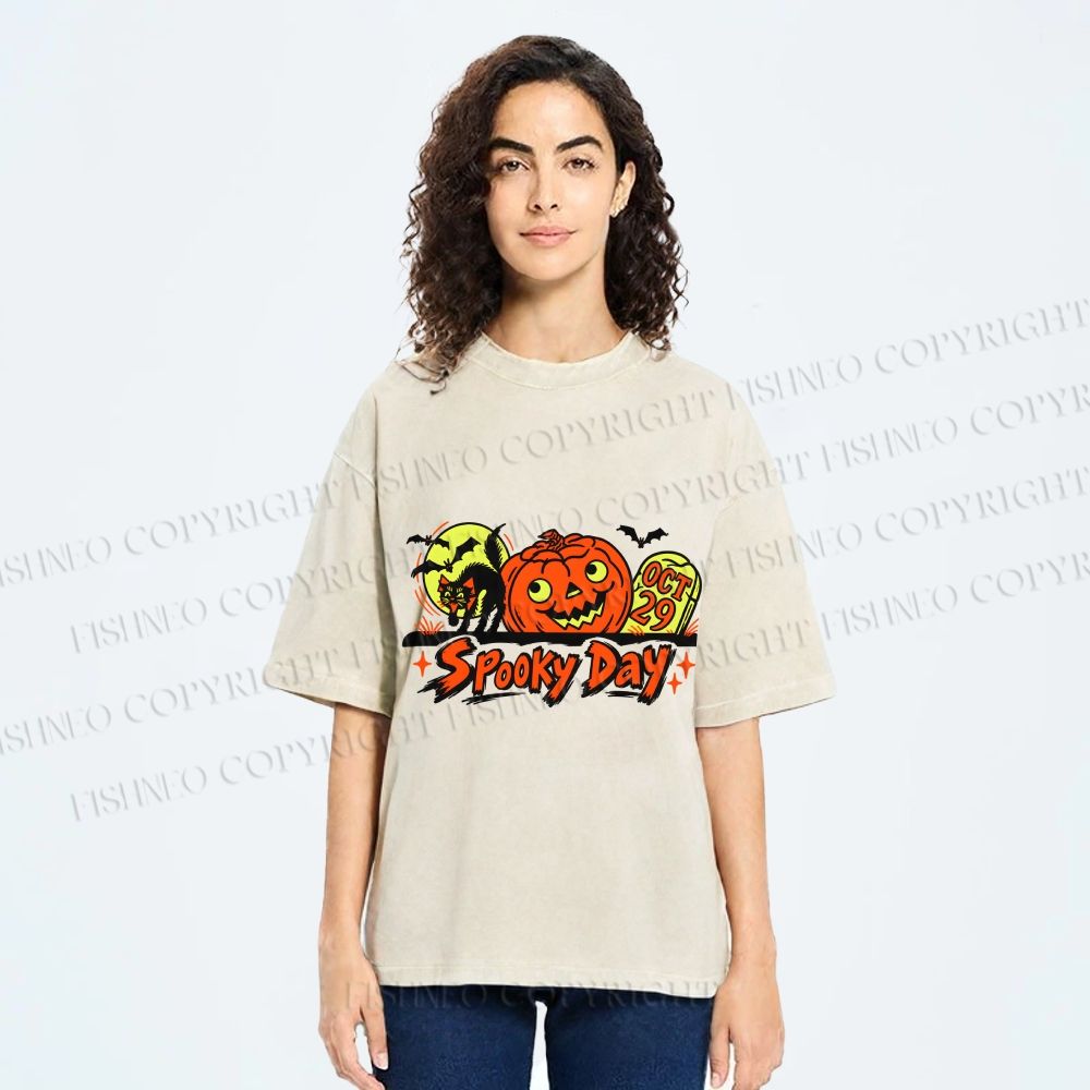 Unisex Black Cat With Pumpkin in a Spooky Day Halloween Printed Washed Tee