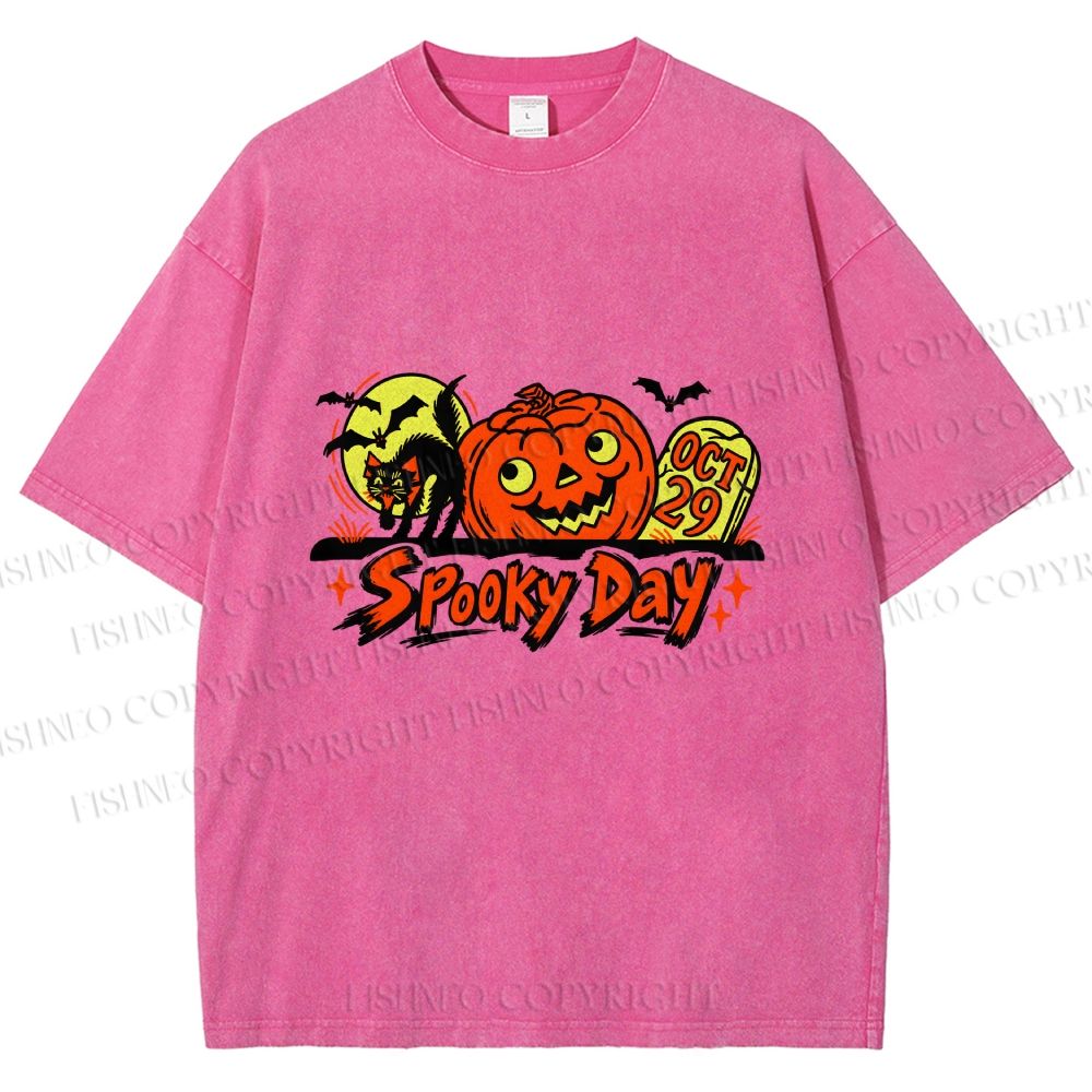 Unisex Black Cat With Pumpkin in a Spooky Day Halloween Printed Washed Tee