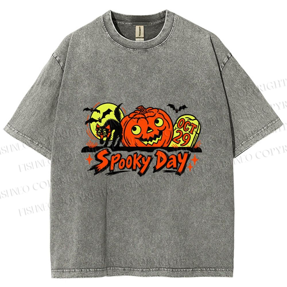 Unisex Black Cat With Pumpkin in a Spooky Day Halloween Printed Washed Tee