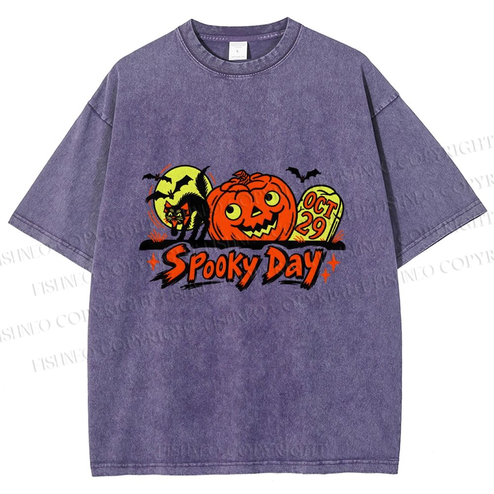 Unisex Black Cat With Pumpkin in a Spooky Day Halloween Printed Washed Tee