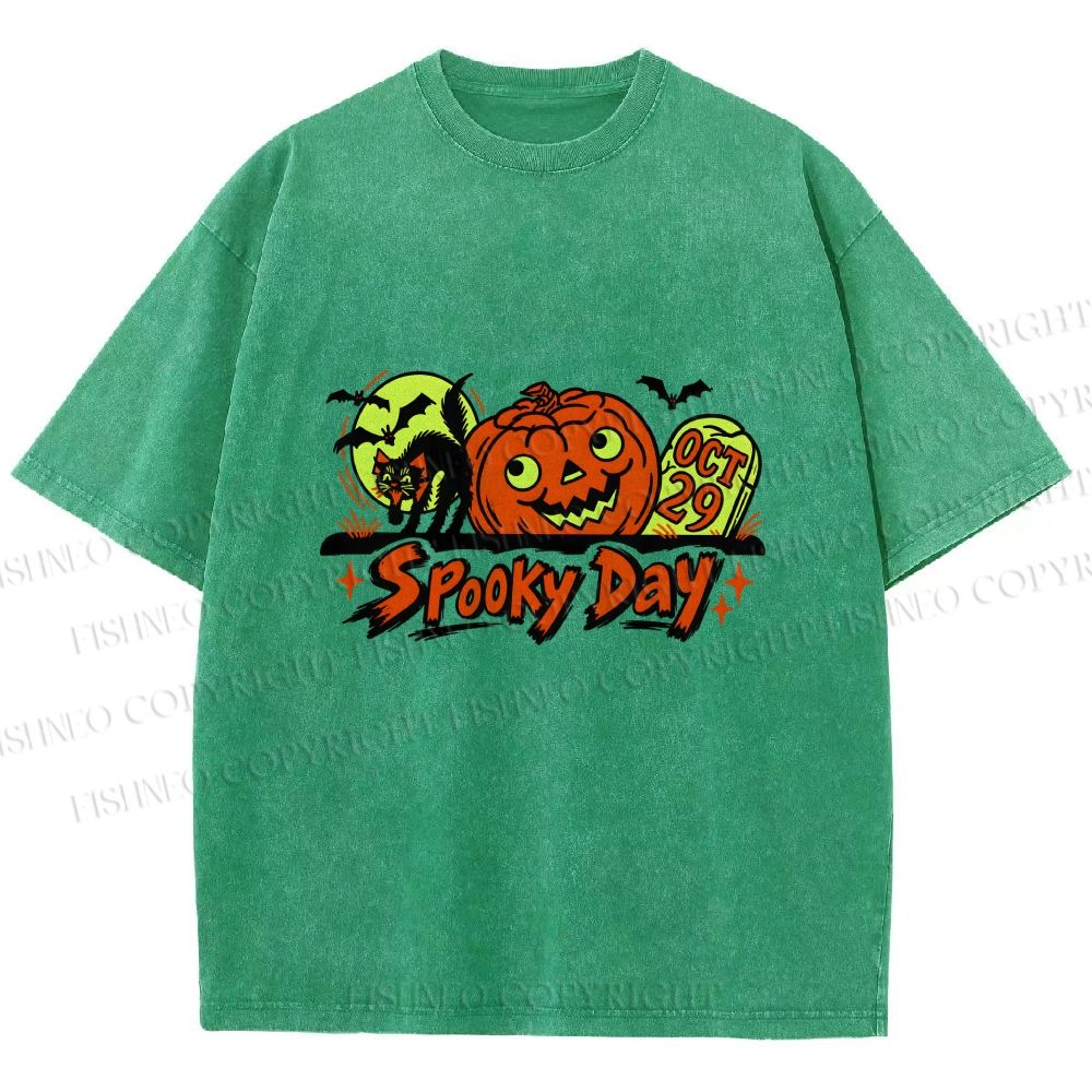Unisex Black Cat With Pumpkin in a Spooky Day Halloween Printed Washed Tee