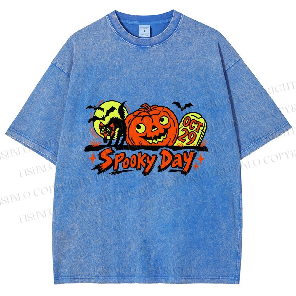 Unisex Black Cat With Pumpkin in a Spooky Day Halloween Printed Washed Tee