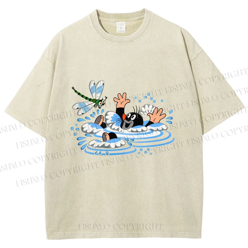 Unisex The Little Mole Playing With Dragonfly in Water Printed Washed Tee