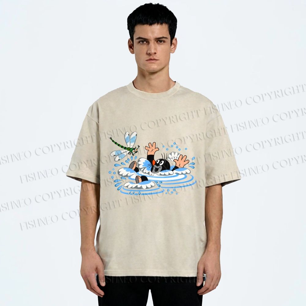 Unisex The Little Mole Playing With Dragonfly in Water Printed Washed Tee