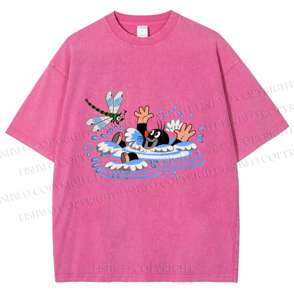 Unisex The Little Mole Playing With Dragonfly in Water Printed Washed Tee