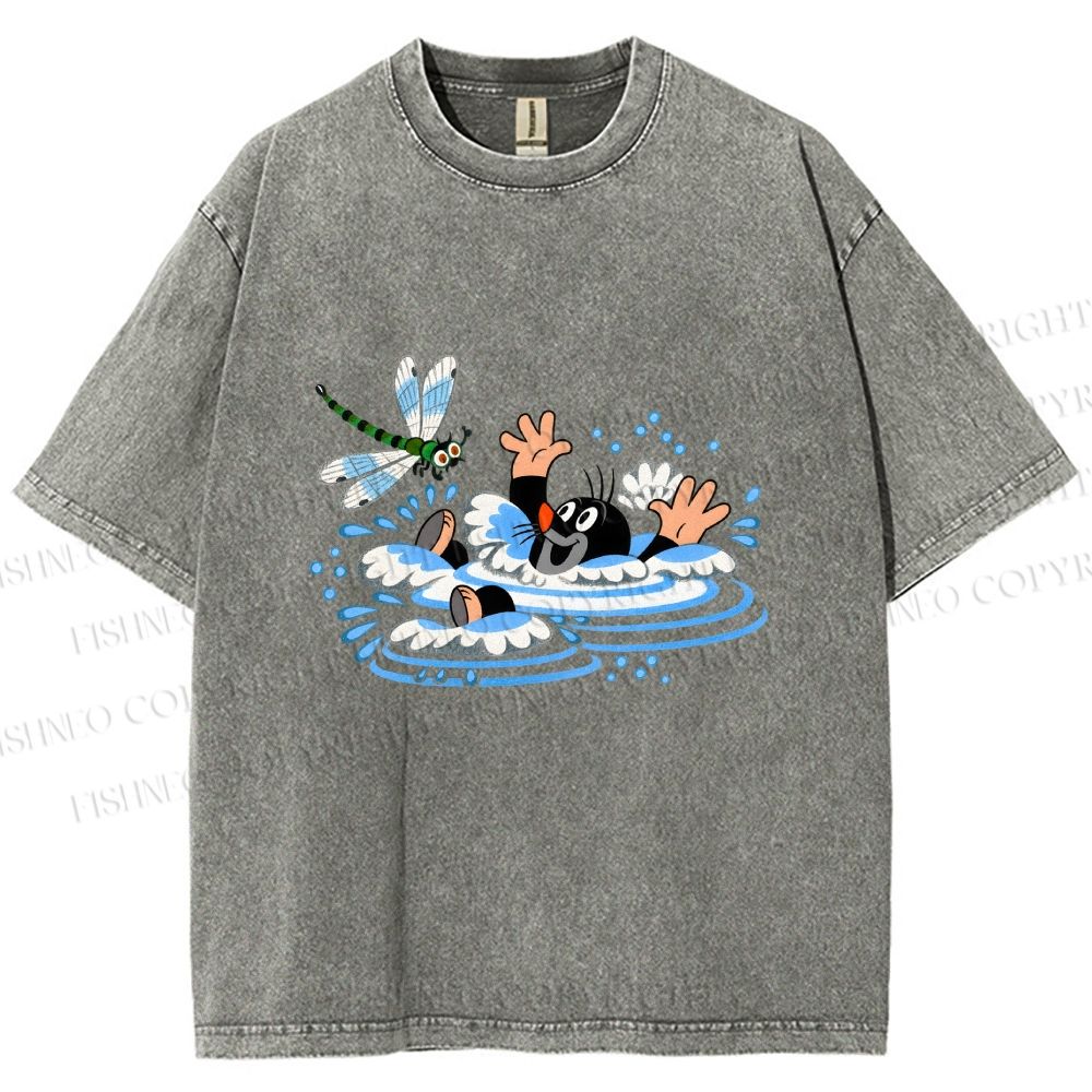 Unisex The Little Mole Playing With Dragonfly in Water Printed Washed Tee