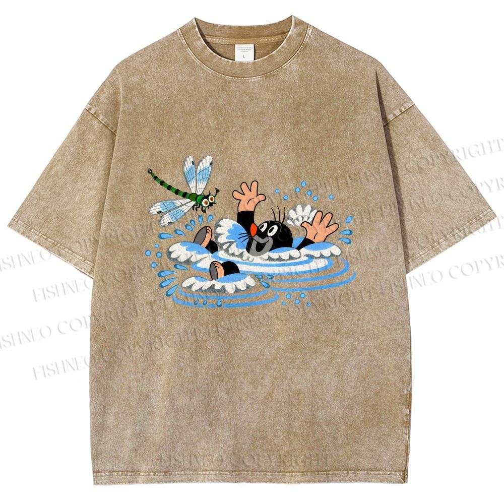Unisex The Little Mole Playing With Dragonfly in Water Printed Washed Tee