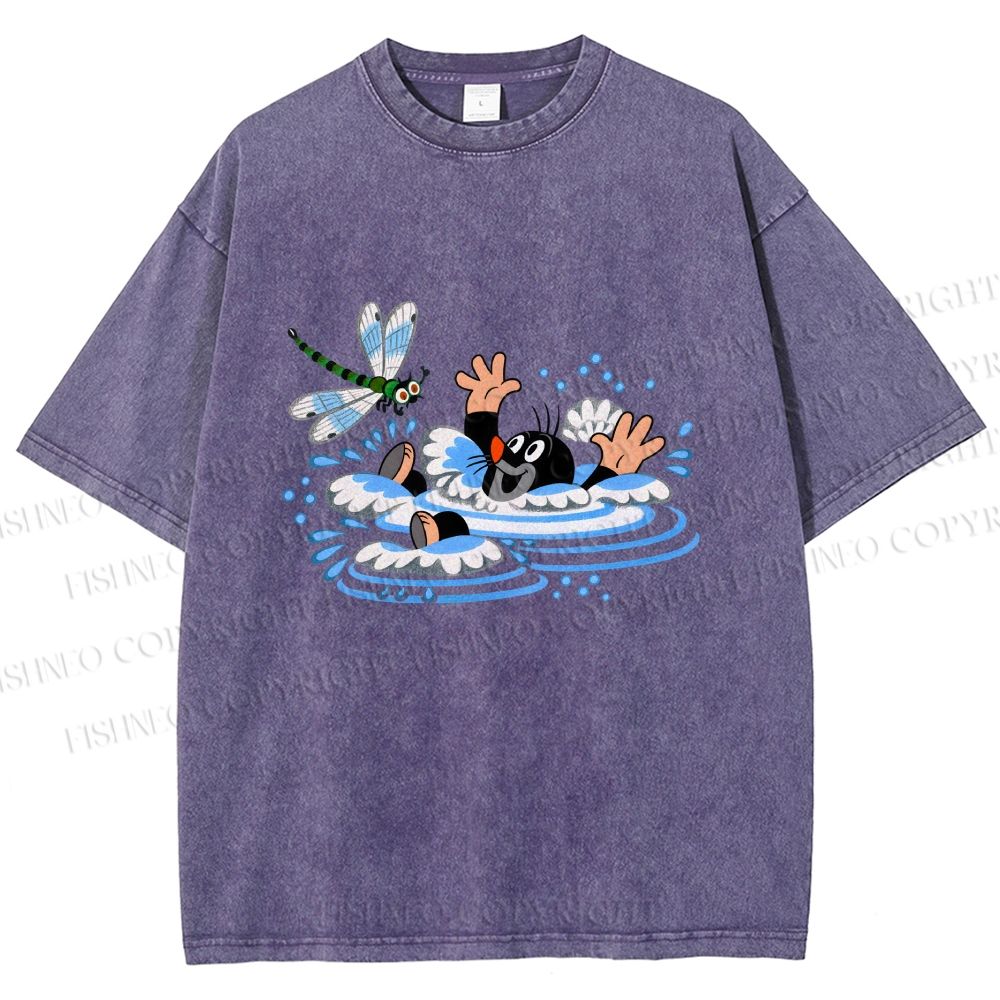 Unisex The Little Mole Playing With Dragonfly in Water Printed Washed Tee
