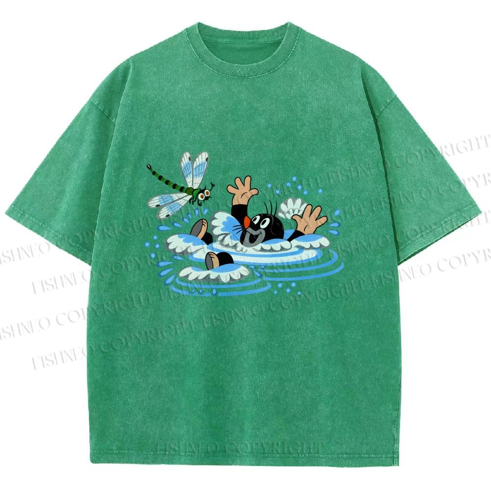 Unisex The Little Mole Playing With Dragonfly in Water Printed Washed Tee
