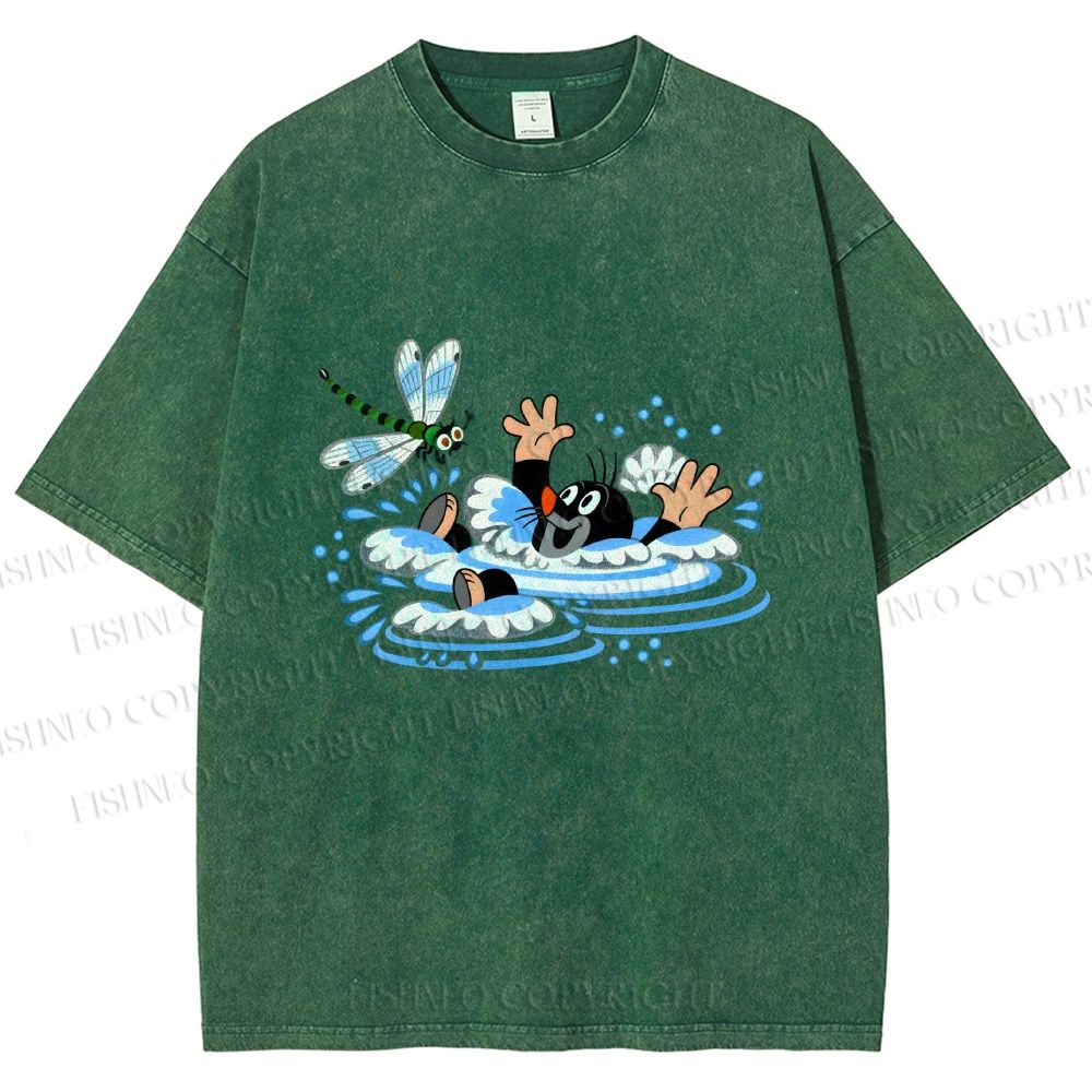 Unisex The Little Mole Playing With Dragonfly in Water Printed Washed Tee