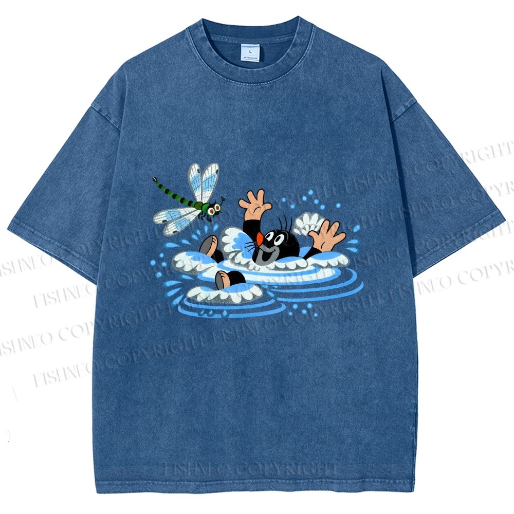 Unisex The Little Mole Playing With Dragonfly in Water Printed Washed Tee
