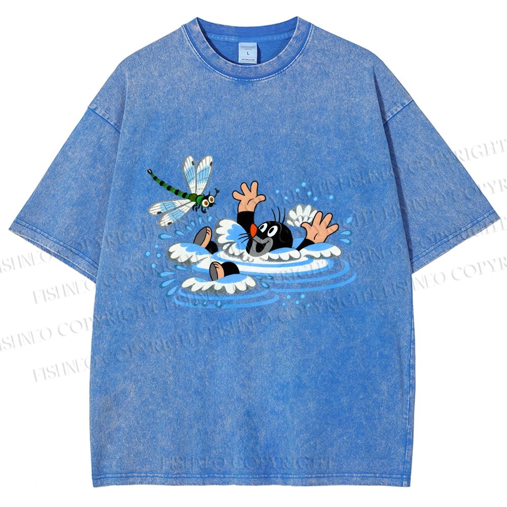 Unisex The Little Mole Playing With Dragonfly in Water Printed Washed Tee