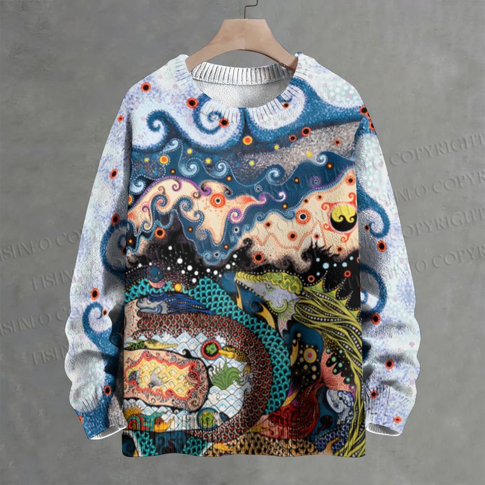 Abstract Polka Dot And Swirl Pattern Crew Neck Sweater