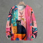 Black Cat With Bright Florals Crew Neck Sweater