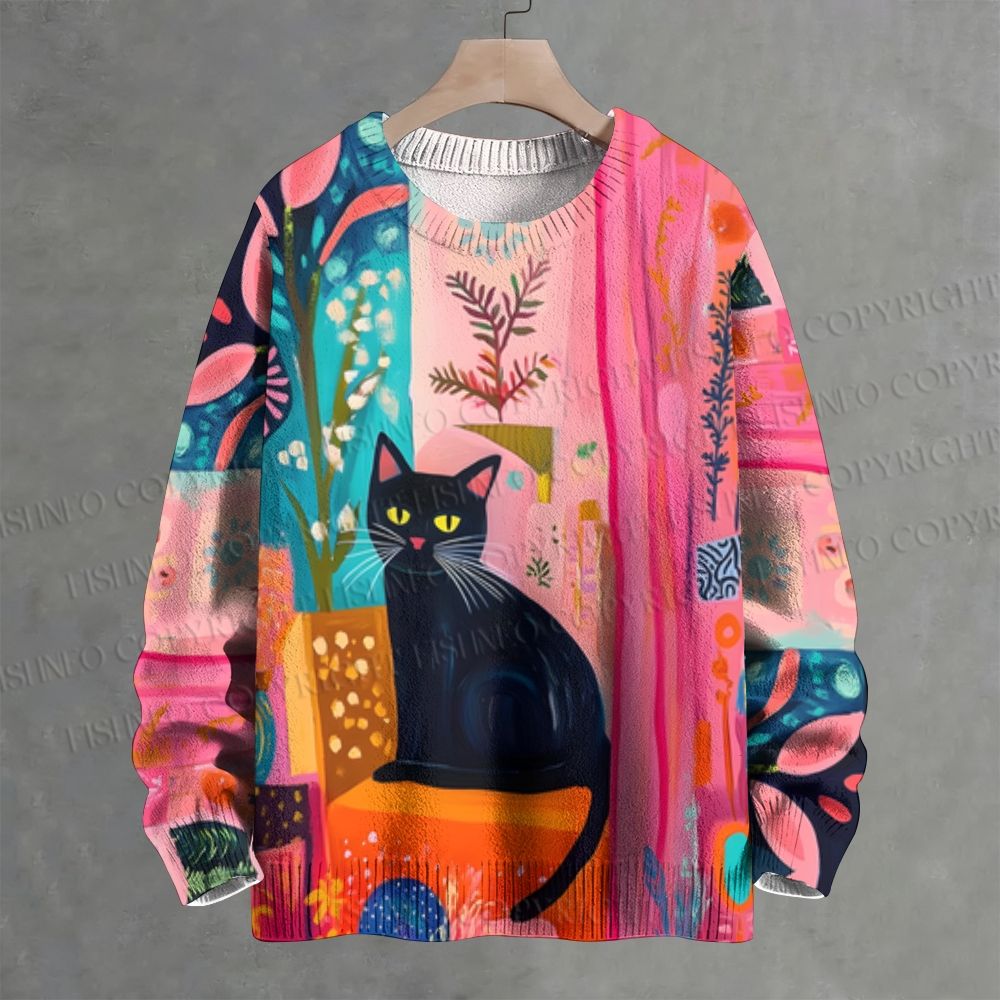 Black Cat With Bright Florals Crew Neck Sweater