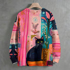 Black Cat With Bright Florals Crew Neck Sweater