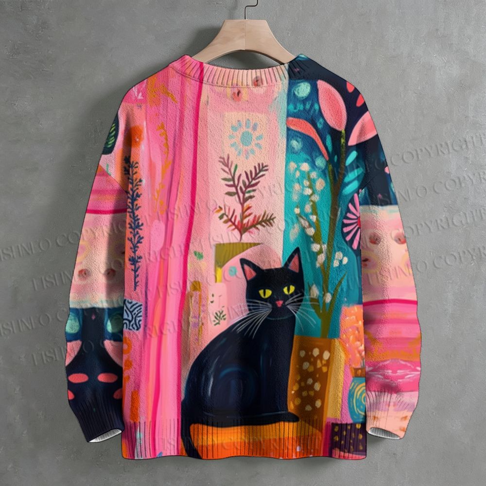 Black Cat With Bright Florals Crew Neck Sweater